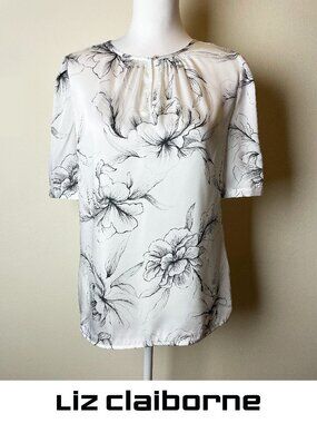 Liz Claiborne Black & White Floral Short Sleeve Blouse | Round Neck | Size S EUC